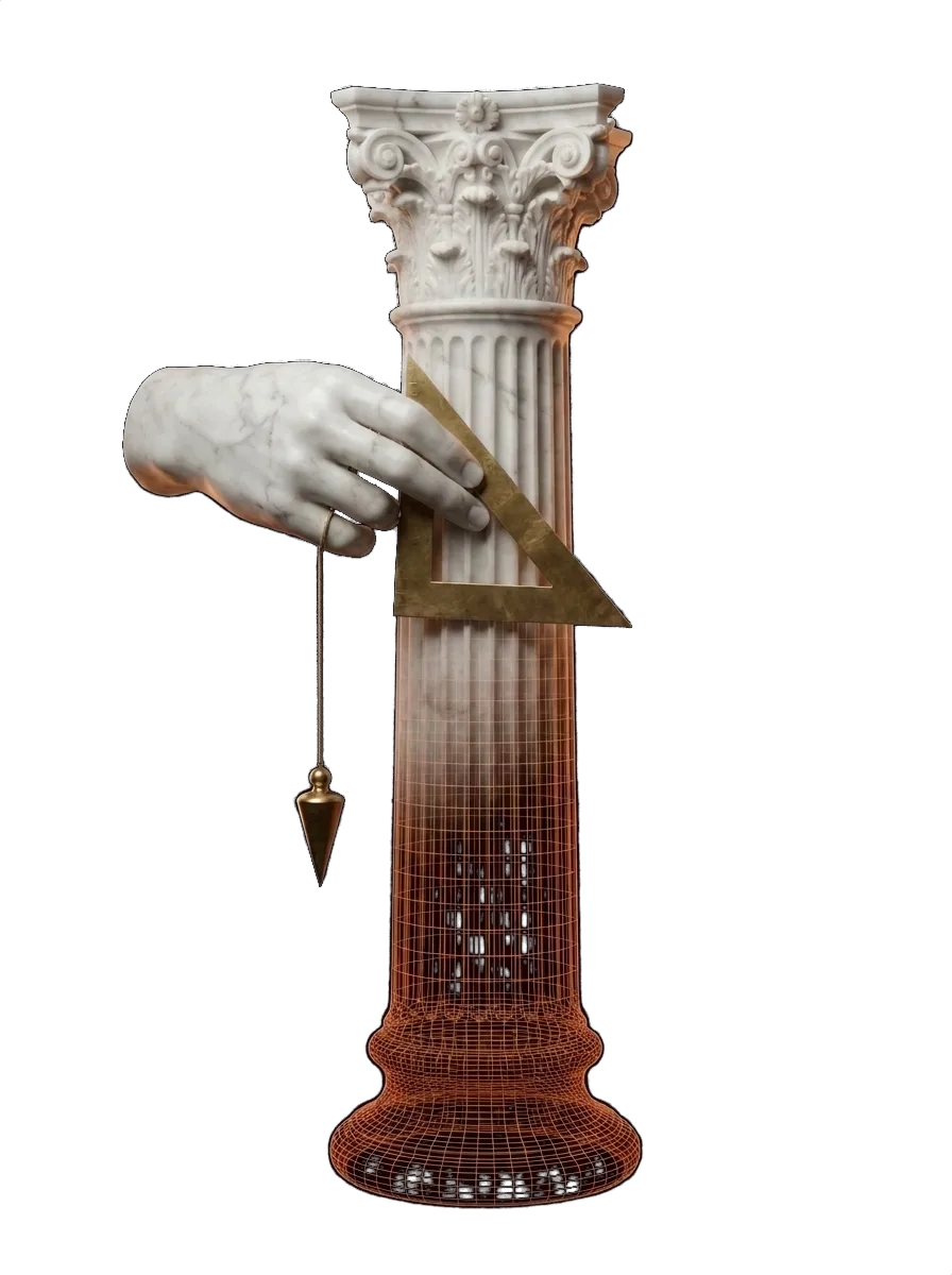 Marmorsäule, die Schicht für Schicht aufgebaut wird, nach unten ins terrakottafarbene Drahtgitter übergehend