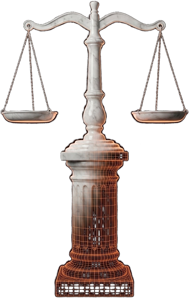 Justitia-Waage aus Marmor, nach unten ins terrakottafarbene Drahtgitter übergehend